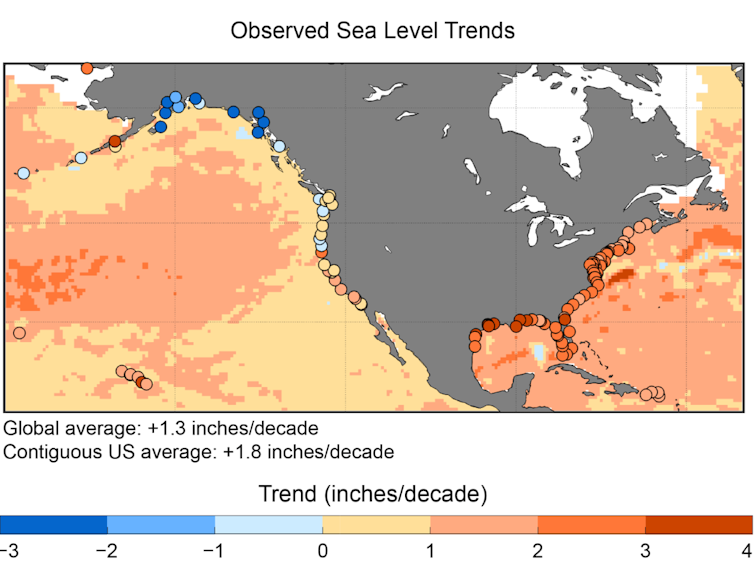 The maps show temperatures and sea level rise, with the fastest rise along the Gulf and Atlantic coasts, and the lowest rates in the Pacific.